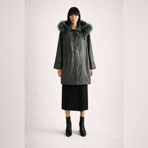 VINTAGE - Green Leather Coat with Genuine Fur Hood |Oversized 90s Statement Coat